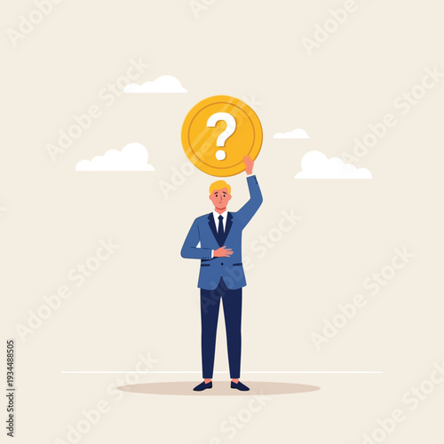 A businessman in a suit holds a golden coin with a question mark on it above his head, symbolizing confusion or a dilemma