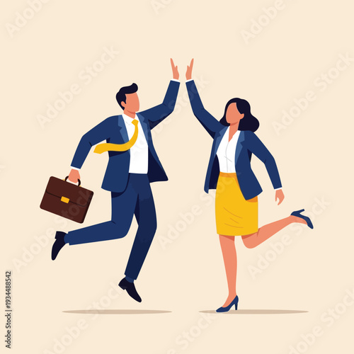 Two business people in suits highfiving with excitement and success, one holding a briefcase