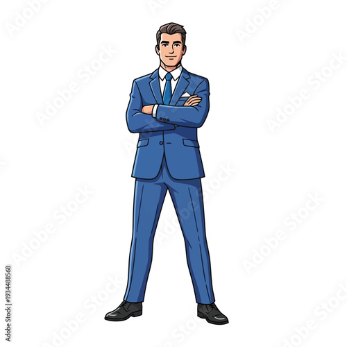 A confident businessman in a blue suit standing with his arms crossed, looking directly at the viewer