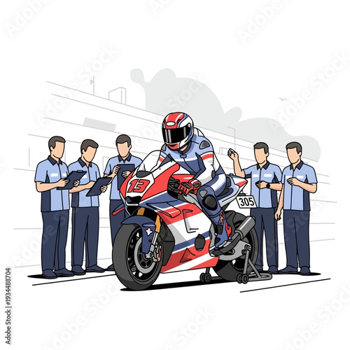 Motorcycle racer in racing suit on sport bike with pit crew preparing for race