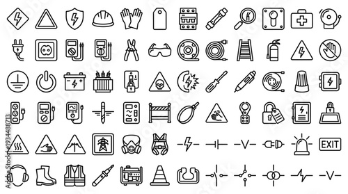 Set of 70 Black Outline Electrical Safety and Construction Icons Vector