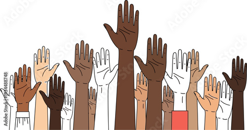 Diverse group of raised hands illustration symbolizing unity, community, and support for inclusion, equality, and collective participation in a modern vector graphic design.