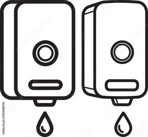 Two soap dispensers with dripping liquid, outline icons for hygiene and cleanliness, perfect for health and safety themes.