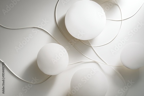 Overhead shot of spherical lights and sinuous, linear accents against a smooth, white backdrop