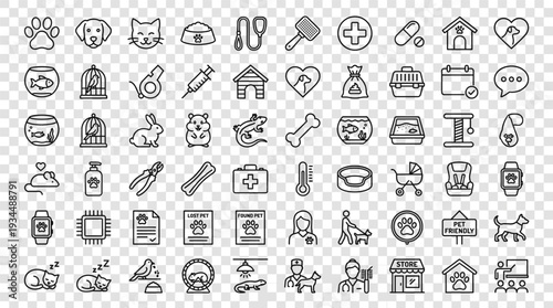 Set of 60 Outline Pet Care and Veterinary Icons Vector