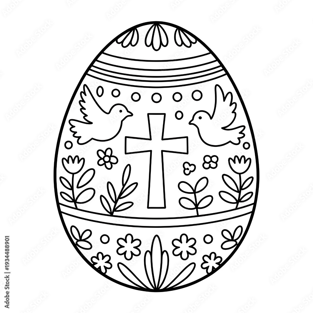 Fototapeta premium Intricate Mandala Style Easter Egg Coloring Page Featuring Religious Symbols and Spring Themes with Flowers, Birds and Cross for Festive Holiday Decoration and Creative Children's Art Activities