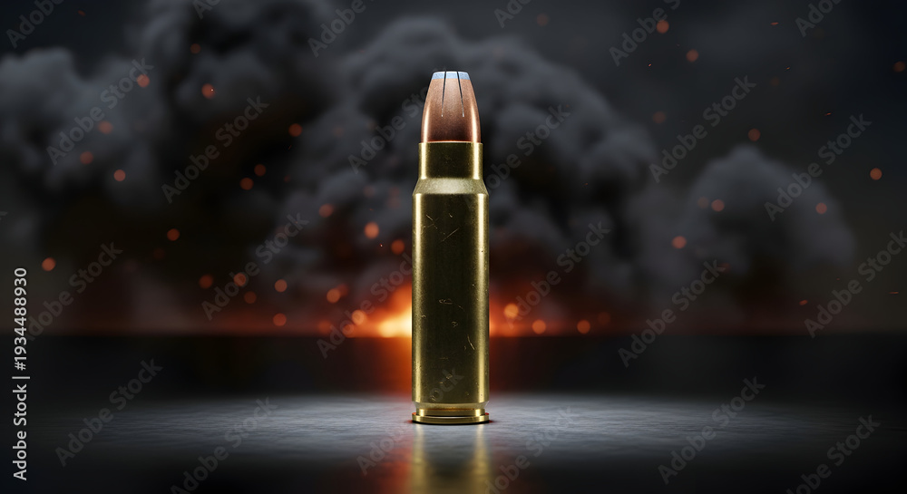 Naklejka premium A single rifle bullet stands prominently against a backdrop of dark smoke and fiery explosions symbolizing conflict and warfare