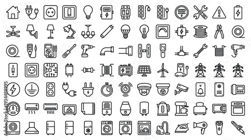 Set of 100 Black Outline Electricity and Home Appliance Icons Vector