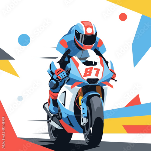 Motorcyclist in Blue Racing Suit with Number 87 Speeds Down Track