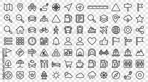 Set of 100 Outline Navigation and Travel Icons Vector