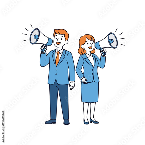 Man and woman in blue suits holding megaphones and announcing