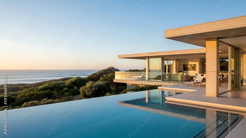 Fototapeta premium Modern Luxury Cliffside Villa with Infinity Pool Overlooking Ocean at Sunset