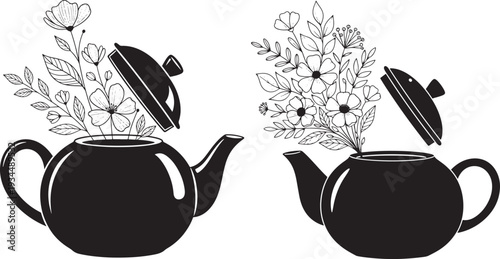 Two black silhouette teapots with blooming flowers overflowing, symbolizing creativity, inspiration, and a burst of floral ideas.