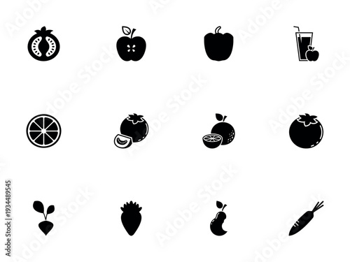 Assorted Black Symbols for Food Ingredients, Juices, and Produce Varieties