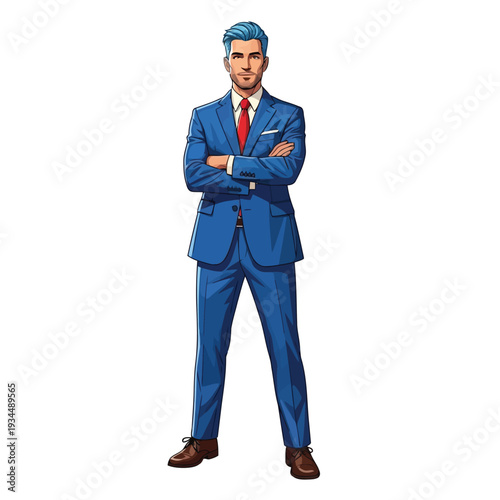 A confident man in a blue suit and red tie stands with his arms crossed