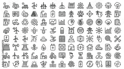 Set of 100 Renewable Energy and Ecology Line Icons Vector