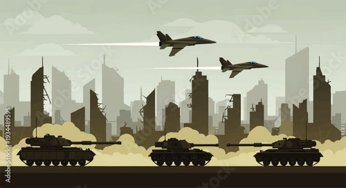 Military conflict unfolding in a devastated urban landscape, featuring armored tanks advancing amidst smoke and fighter jets patrolling the skies above a ruined city