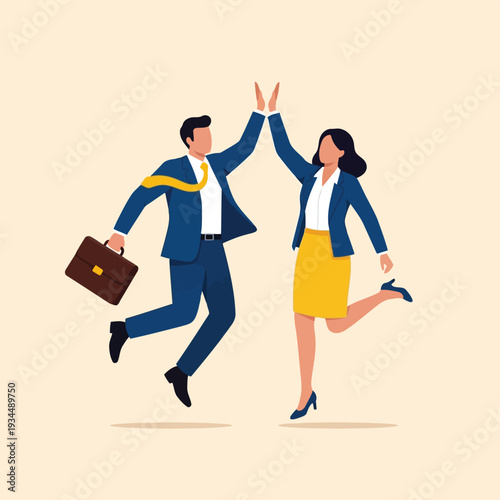 Two business people in suits jumping and giving a high five, celebrating success and teamwork in the corporate world