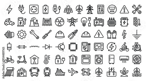 Set of 70 Black Line Electricity Energy and Appliance Icons Vector