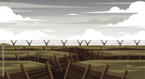Trench warfare landscape with barbed wire and a cloudy sky, illustrating a historical conflict scene