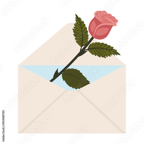 Dusty pink rose. A single elegant flower in a postal envelope. Vector illustration on a white background.