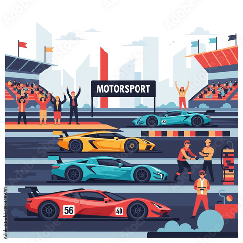 Motorsport Race: Fast Cars, Cheering Crowd, and Pit Crew on Track
