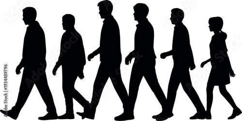 Group of diverse people walking in silhouette demonstrating forward movement and togetherness