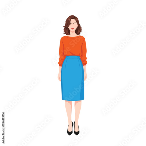 A woman with brown hair wearing an orange longsleeved shirt and a blue pencil skirt