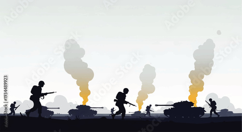 Illustration depicting a war scene with soldiers and tanks amidst smoke and explosions