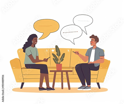 A cartoon illustration of a therapy session, featuring two people on a couch, using conversation and communication to engage in mental health care and discuss personal issues