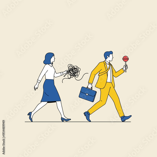 Woman tangled in a mess of threads, chasing a man holding a lollipop, symbolizing pursuit of goals and distractions