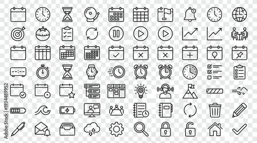 Set of 70 Black Line Calendar Time and Date Vector Icons