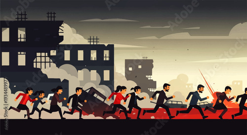 Group of people fleeing a disaster with crumbling buildings and smoke in the background