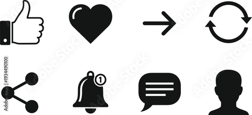 Social Media and Interaction Icons on White Background like thumb up