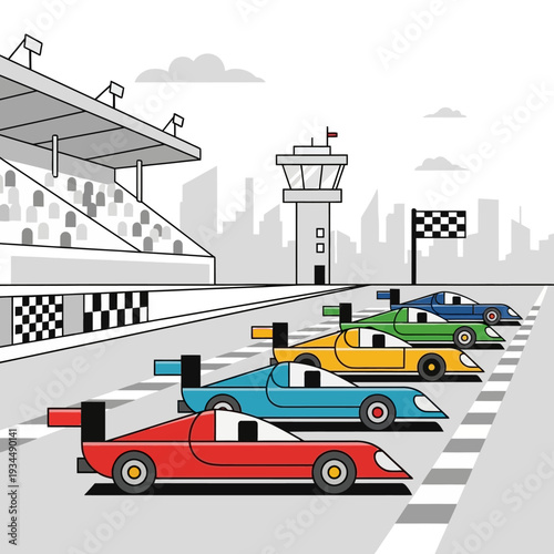 Race Cars Lined Up at Start Line on Track with Grandstand and Cityscape Background