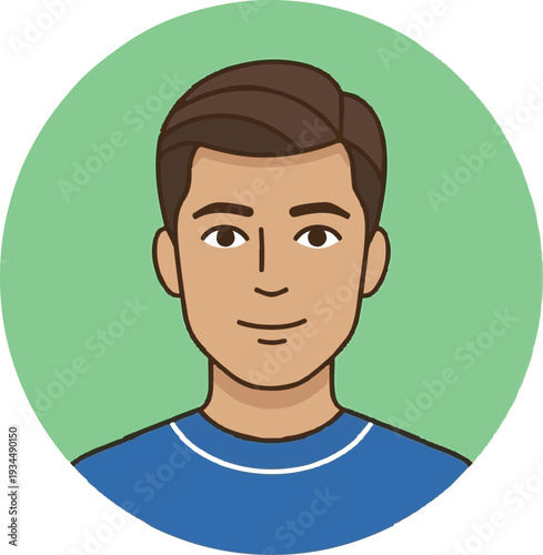 Flat vector avatar of a young man with brown hair and blue shirt
