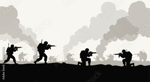 Silhouetted soldiers advance through a smoke-filled battlefield, illustrating a scene of intense military conflict, combat, and strategic military operations