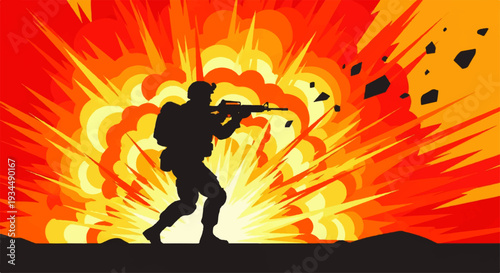 Silhouette of a soldier in combat, amidst a fiery explosion and flying debris, depicting a chaotic war scene