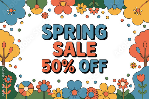 A colorful spring sale advertisement with 50 percent off discount offer
