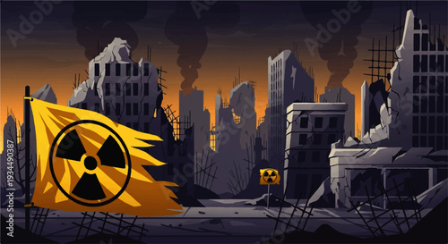 Desolate Post-Apocalyptic Cityscape with a Tattered Radiation Warning Flag, Evoking Environmental Catastrophe, Danger, and the Aftermath of a Ruined World