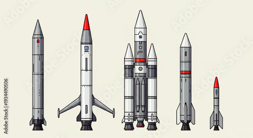 An illustrative display showcasing a diverse range of space rockets, highlighting distinct designs and scales, symbolizing aerospace innovation and cosmic exploration