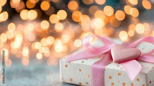 Gift box with ribbon and decorations under soft lights in a festive setting