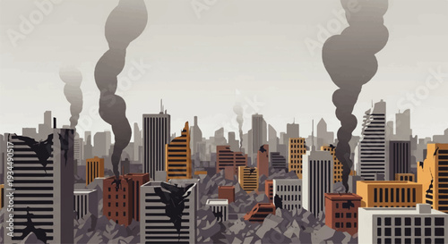 A chilling graphic depiction of an urban catastrophe, illustrating a cityscape left in ruins with smoke rising from damaged buildings, symbolizing disaster and devastation