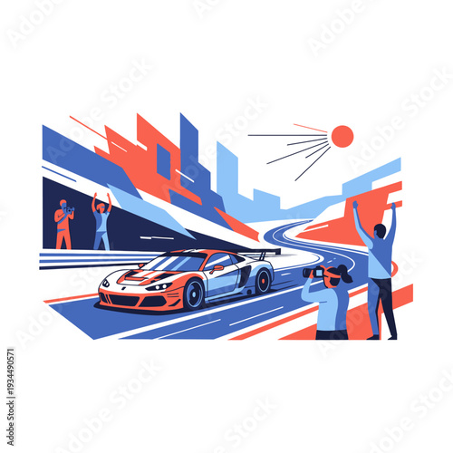 Racing Car on Track with Spectators and Photographer