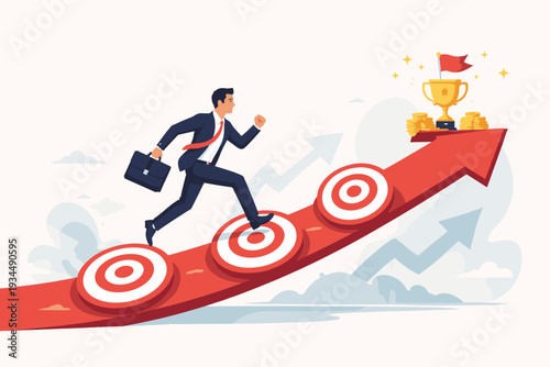 Ambitious businessman running up a rising red arrow towards a gold trophy and coins, stepping on target milestones. Concept of career growth, achieving business goals, and financial success.