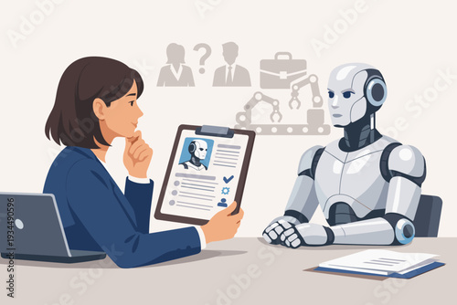 Human Resource Manager Interviewing a Humanoid Robot for a Job Position, Concept of Artificial Intelligence AI Replacing Human Workforce in Employment, Recruitment, and Industrial Automation.