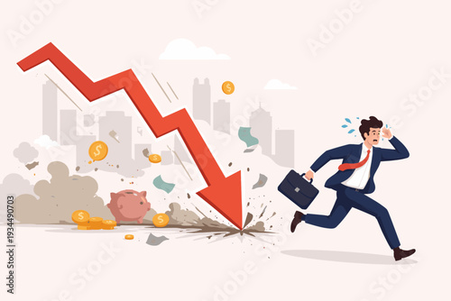 Businessman running away from a crashing red arrow representing a stock market collapse and economic recession, financial crisis impact with piggy bank and coins, investment risk and panic.