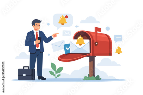 Businessman in a suit pointing at a red mailbox full of envelopes and notification bell icons, representing email marketing, newsletter subscriptions, digital communication, and message alerts.