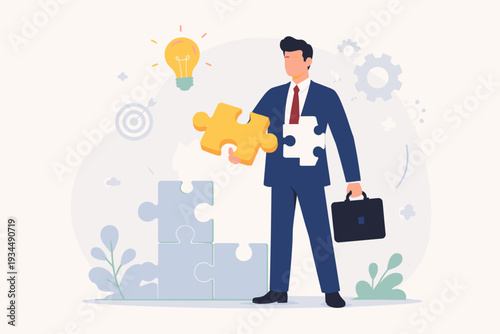 Businessman holding a yellow jigsaw puzzle piece to complete himself, representing career success, finding the missing piece, creative problem solving, business growth, and professional goals