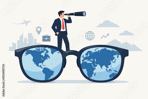 Global business vision concept with businessman standing on giant eyeglasses with world map lenses looking through telescope for international opportunities, career growth, and market expansion.